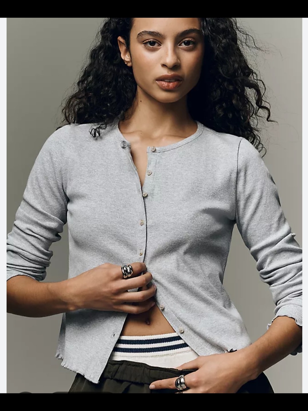 PILCRO Anthropologie Gray Ribbed Lettuce-Trim Henley Cardigan Medium